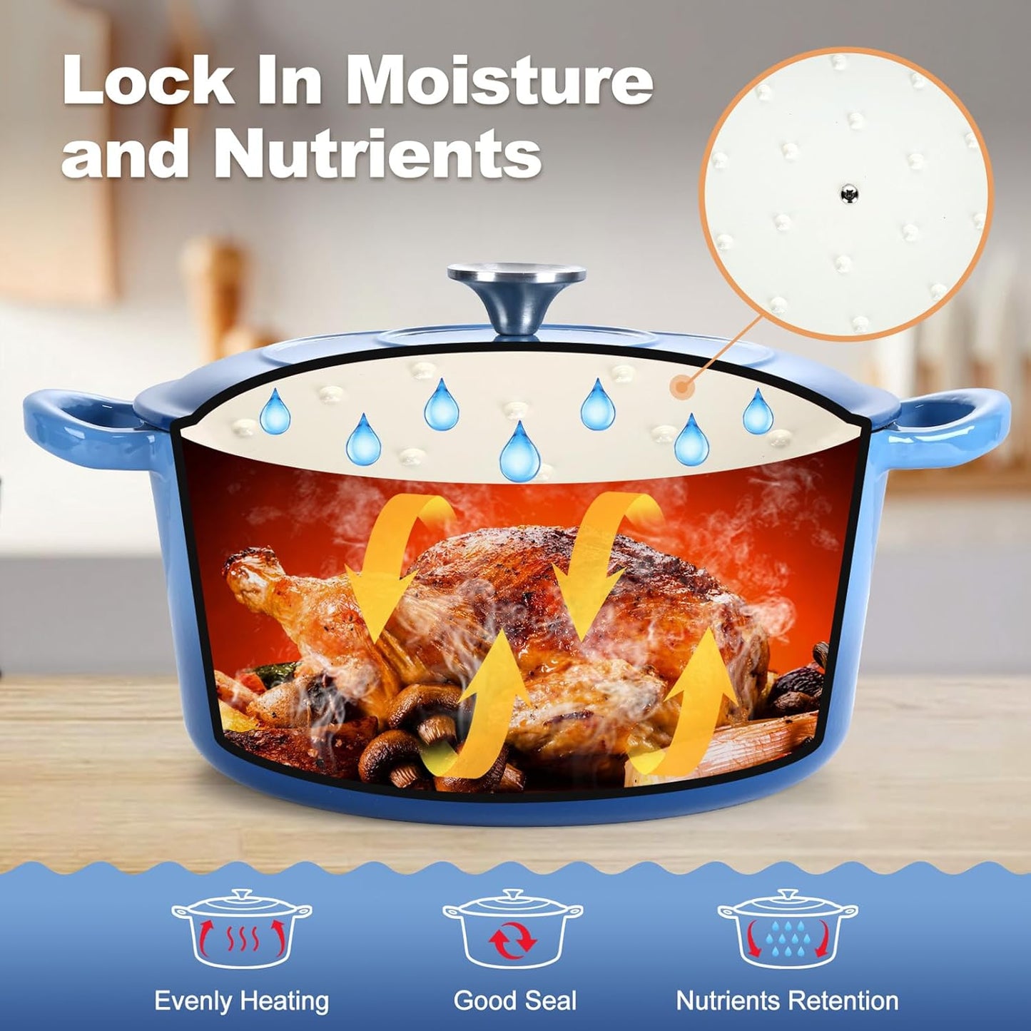 P&P CHEF 7QT Enameled Dutch Oven, Cast Iron Dutch Oven Pot with Lid for Bread Baking, Enameled Casserole Pot for Roasting Braising Stewing Frying Simmering, Various Stoves & Easy Clean, Blue