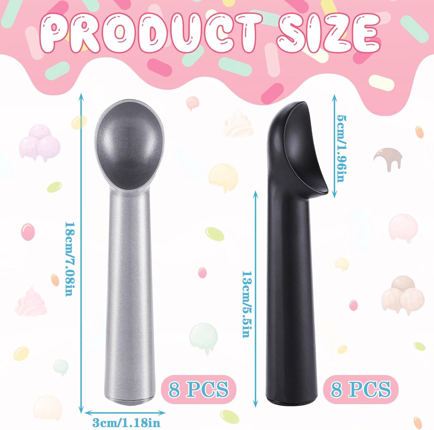 Gejoy 16 Pcs Ice Cream Scoop 7 Inch Nonstick Anti Freeze Ice Cream Scooper Aluminum Design Dessert Spoon for Gelatos Frozen Yogurt Fruit Sundaes Sorbet Almond Cookie Dough (Black and Silver)