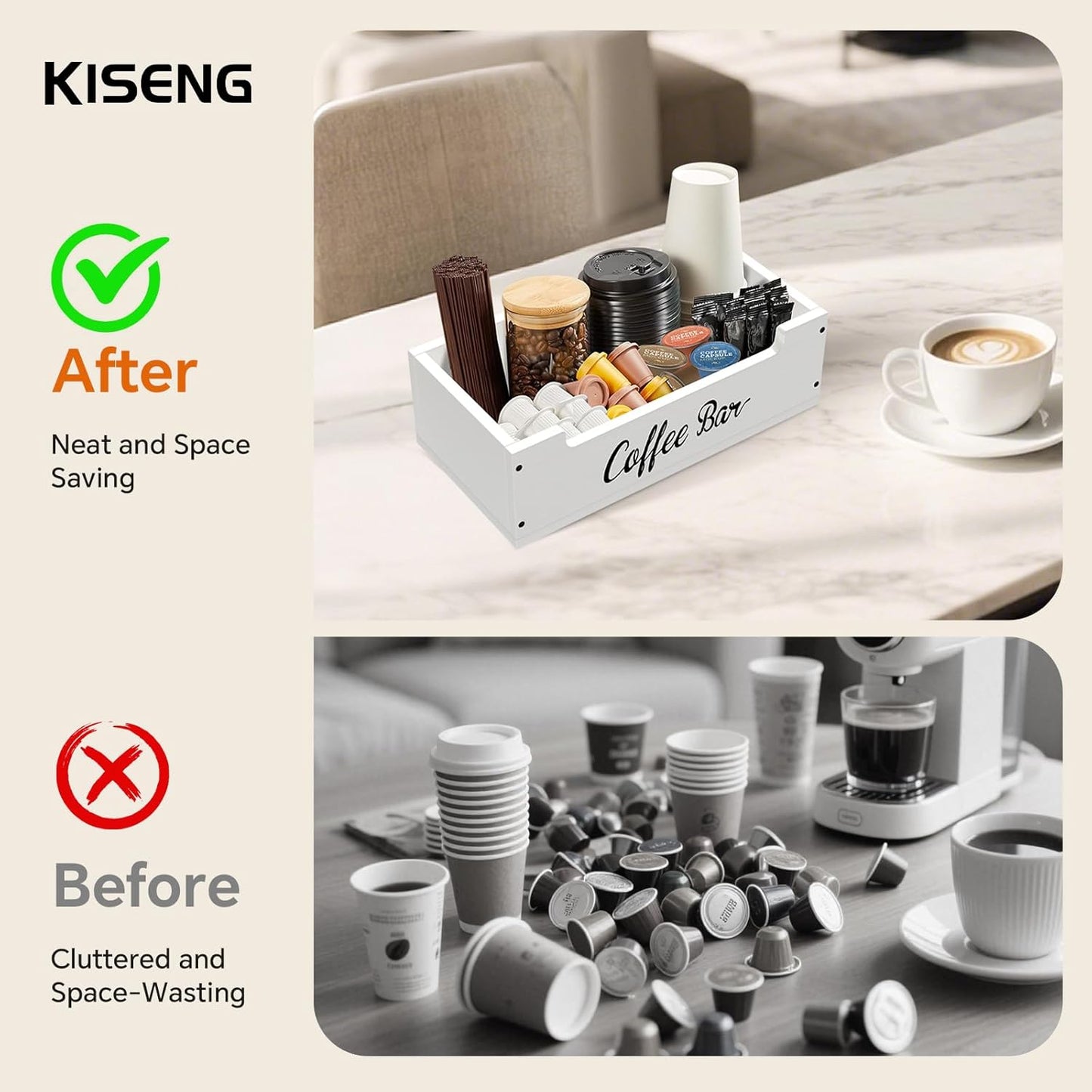 Coffee Pod Bar Station Wooden 13" X 7" X 4" Organizer Box for Countertop, Counter Top Tea Espresso Cup Wood Storage Box, White