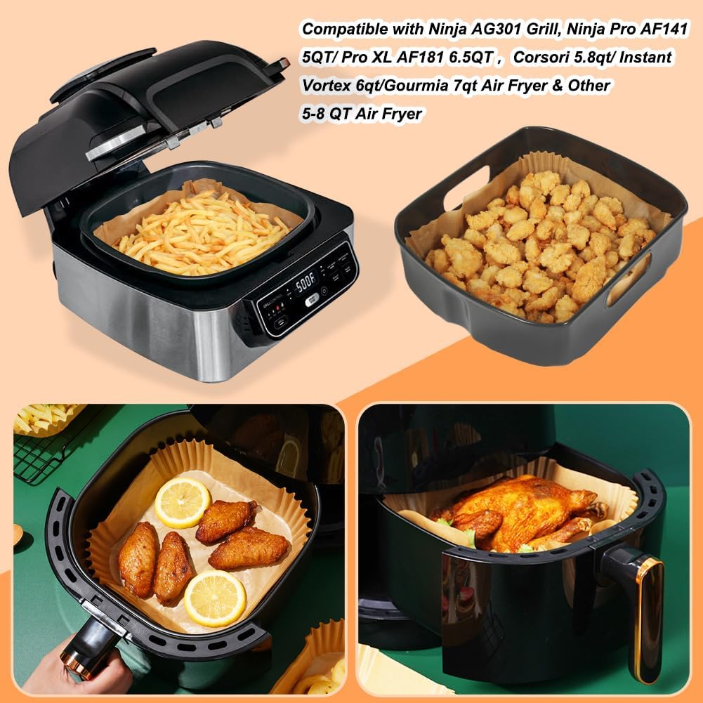 BYKITCHEN Air Fryer Sheets Liners for Ninja AG301 Grill, AF141 Pro 4-in-1 & More, 9in Disposable Square Air Fryer Parchment Paper Filters for 5 to 8 Qt, Ninja Foodi Grill Accessories(Set of 100)