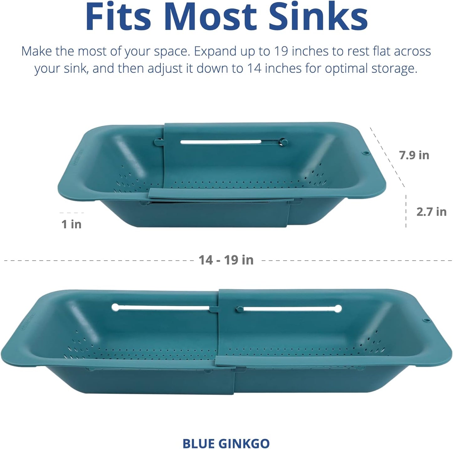 BLUE GINKGO Sink Colander Baskets - (Pack of 2) Wash Vegetables and Fruits, Drain Cooked Pasta and Dry Dishes - Extendable - New Home Kitchen Essentials (2 Teal)