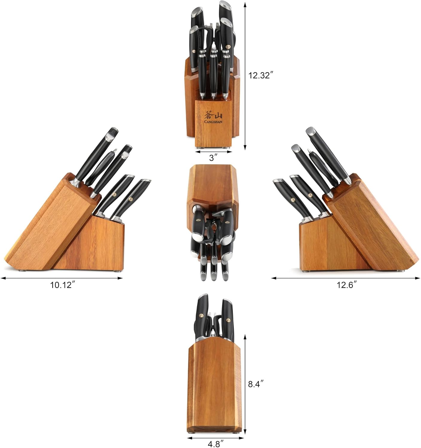 Cangshan L Series 12-Piece Knife Block Set with 6 Steak Knives, Forged German Steel, Acacia Block, Black, 1026061