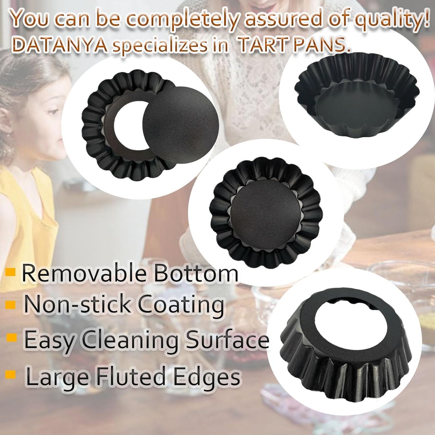 DATANYA 12Pack Mini Tart Pans Removable Botttom 3 Inch Tart Pan, Round Nonstick Carbon Steel Fluted Quiche Pie Tart Pan for Baking Pies, Quiches, Tartlets, Tart Shells, Cupcakes, Desserts