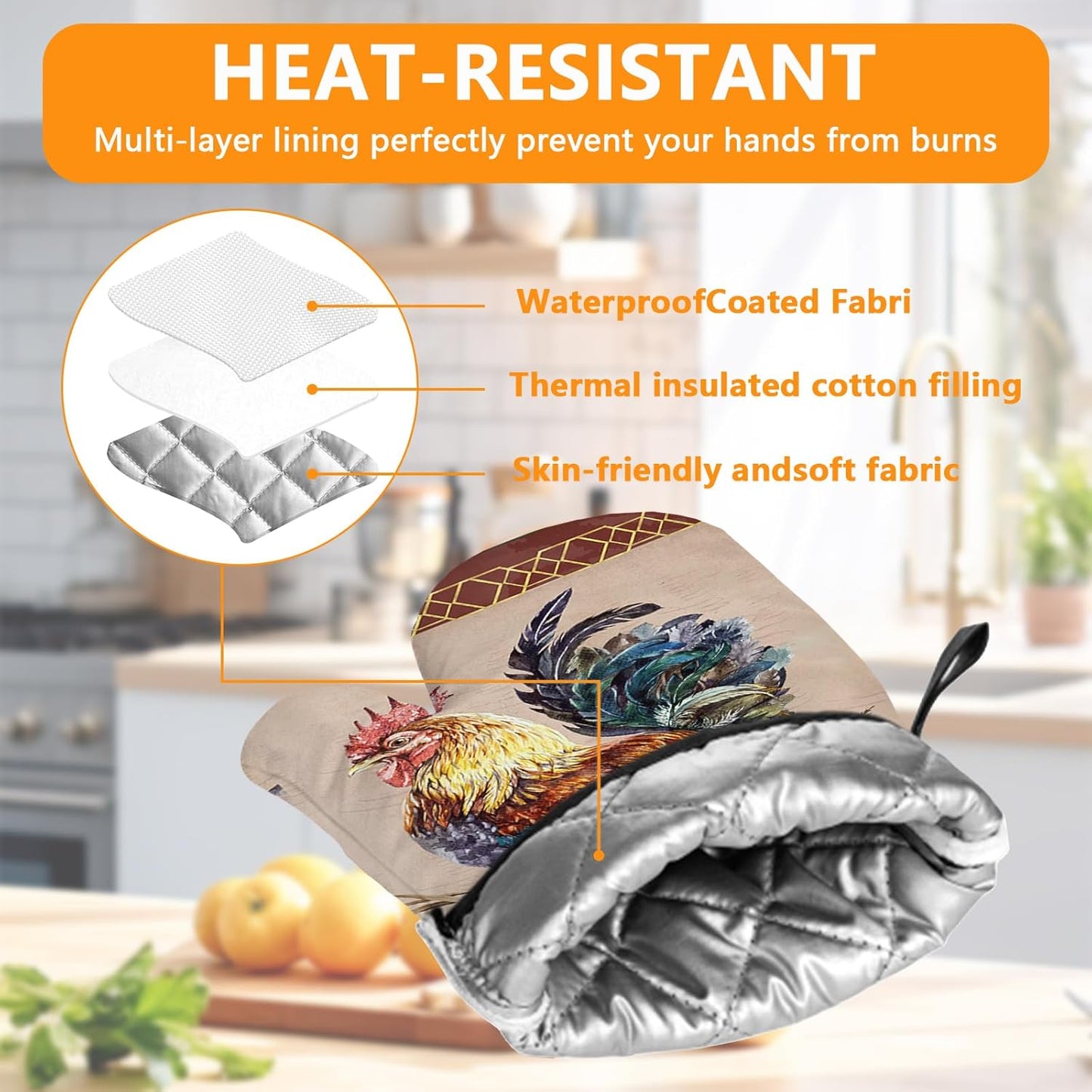 Rooster Oven Mitts and Pot Holders Sets 4Pcs,Extra Long Oven Gloves Potholder for Kitchen Cooking Baking BBQ 100% Cotton Heat Resistant