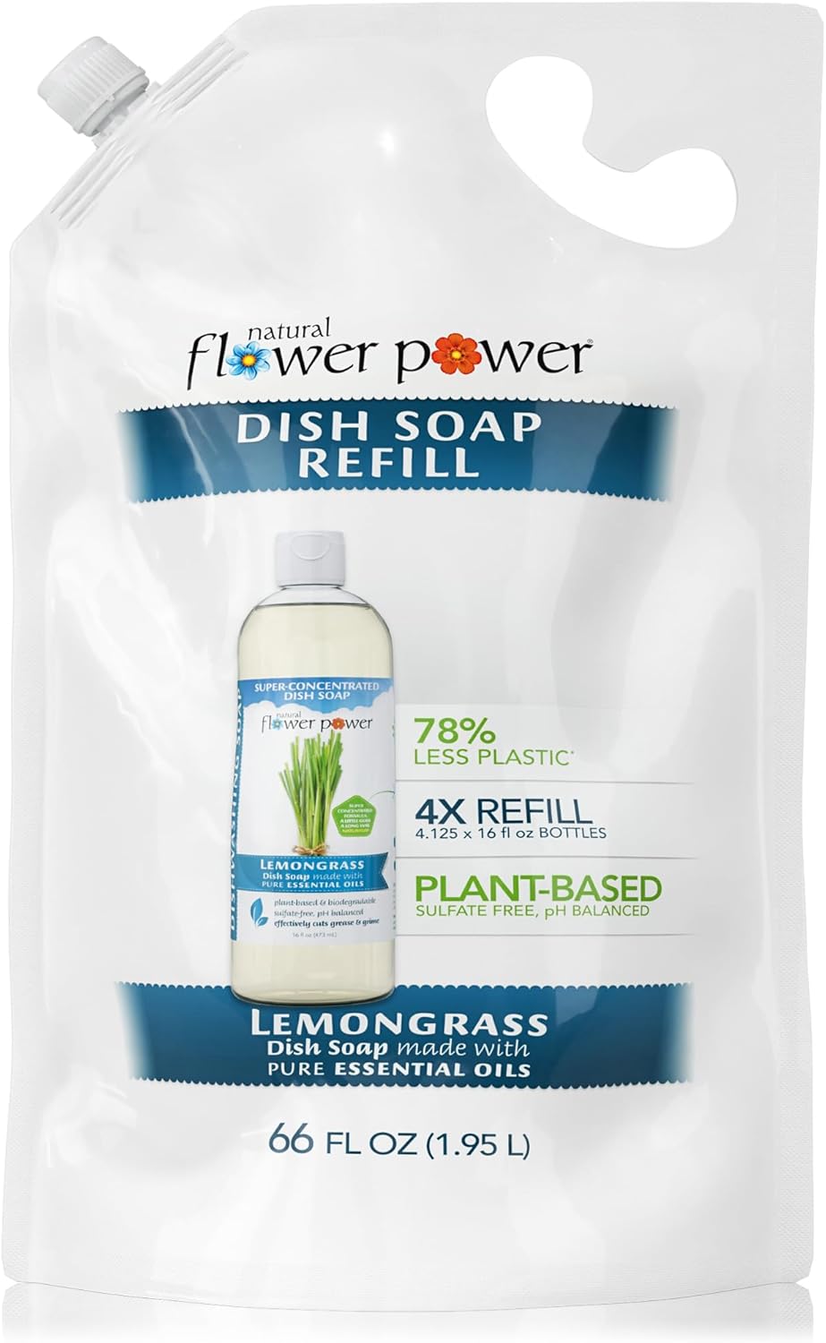 Liquid Dish Soap Refill – 66 Fl Oz Refills 4X – Plant-Based & Scented w/Pure Essential Oils – Natural Dishwashing Detergent – Sulfate-Free Kitchen Soap (Lemongrass)