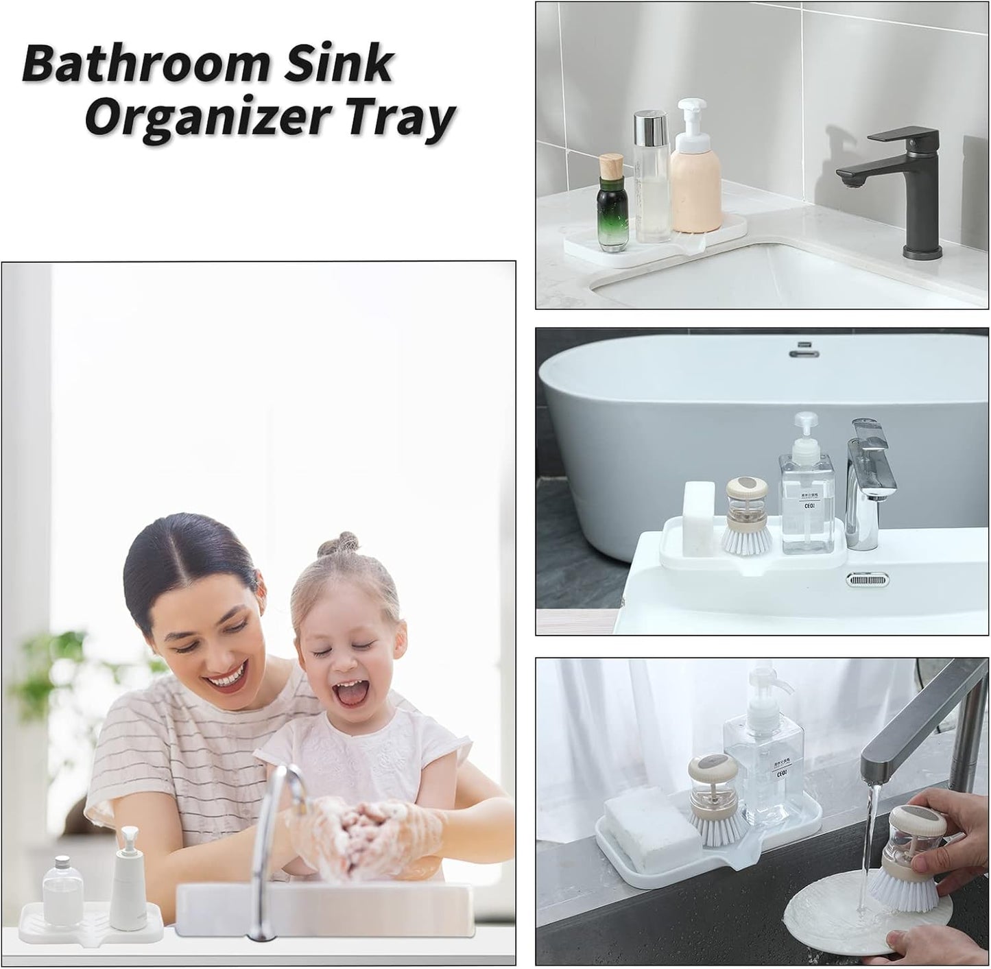 Silicone Bathroom Soap Dishes with Drain Spout-Bathroom and Kitchen Sink Organizer,Sponge Holder,Dish Soap Tray,Perfect for Dispenser,Scrubber,Bottle,Cup on Sink or Counter-White 9.6"×5.3"