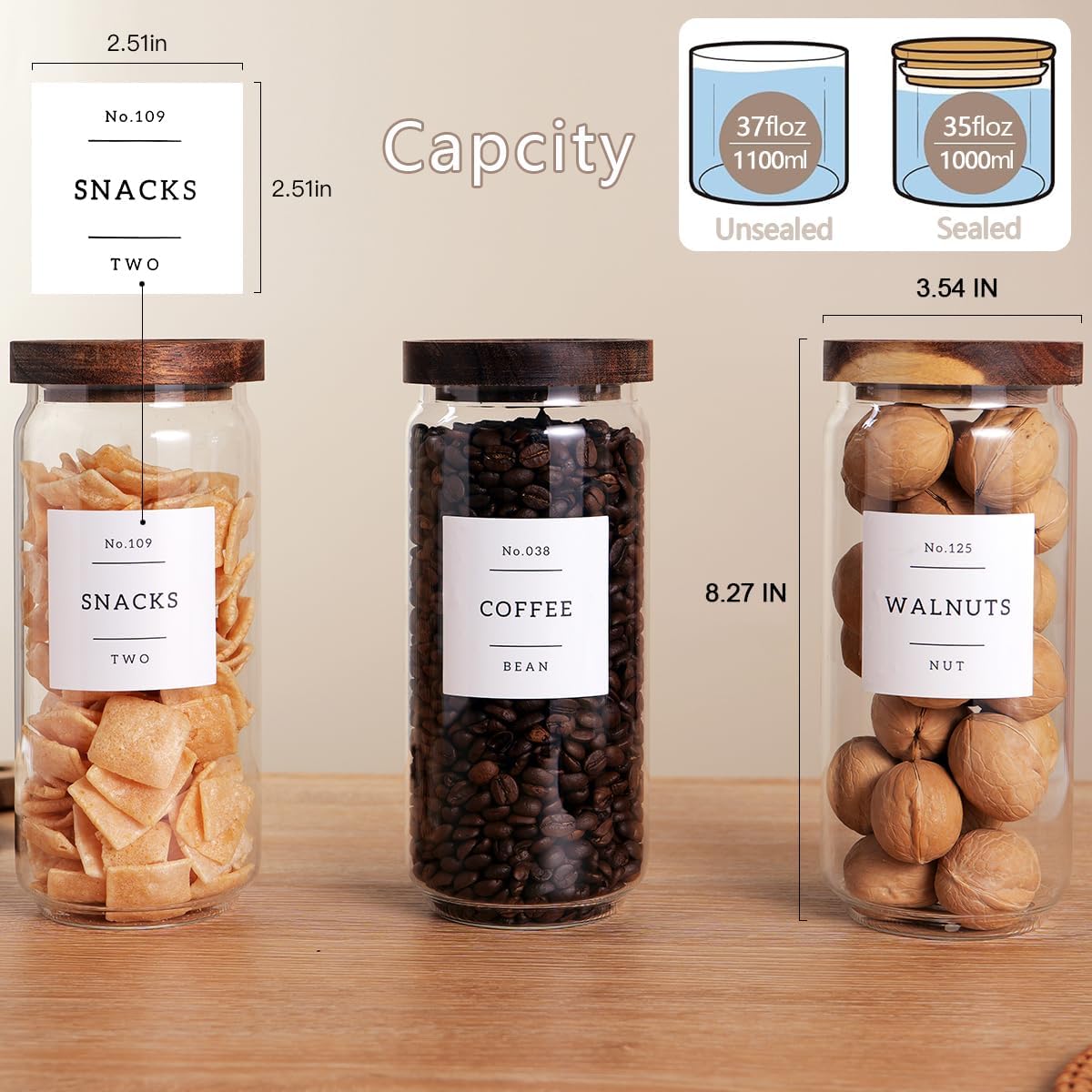 3 Set Glass Pantry Storage Jars with Acacia Airtight Lid - 35oz Thicken Glass Kitchen Canisters with 132 Pantry Labels - Clear Food Storage Containers with Wood Lid for Tea,Sugar,Cookie,Pasta