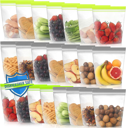 Lerine 22 Pack Reusable Sandwich Bags Dishwasher Microwave Safe, Stand Up Reusable Bags BPA Free, Leakproof Food Storage Quart Bags for Cereal, Lunch, Vegetables, Fruits