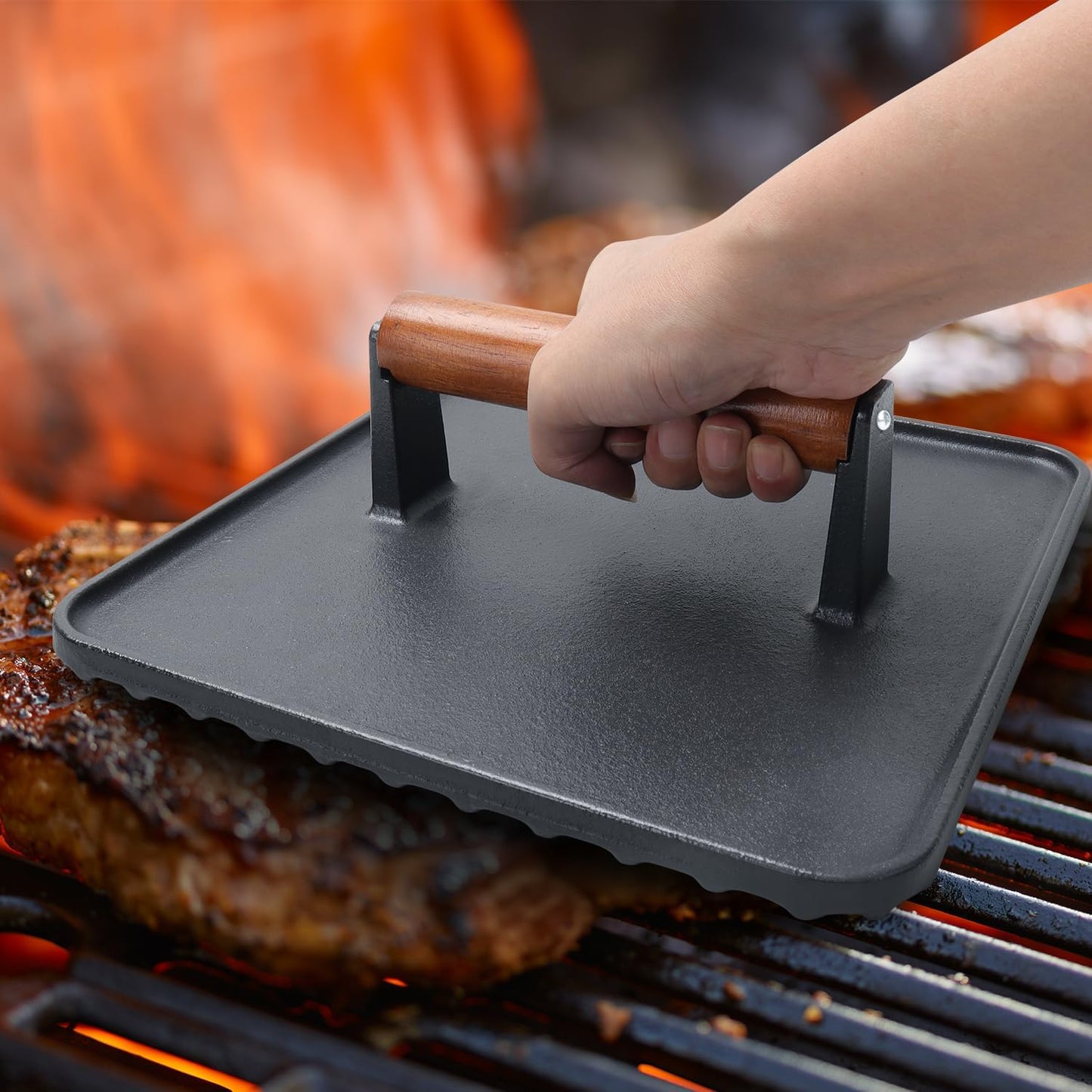 SafBbcue 10" Square Cast Iron Burger Press Smash Burger Griddle Weight Press for Blackstone, Pitboss, Camp Chef Flat Top Grills Accessories, Bacon Press for griddle for Grill Cooking Accessories, 2PCS