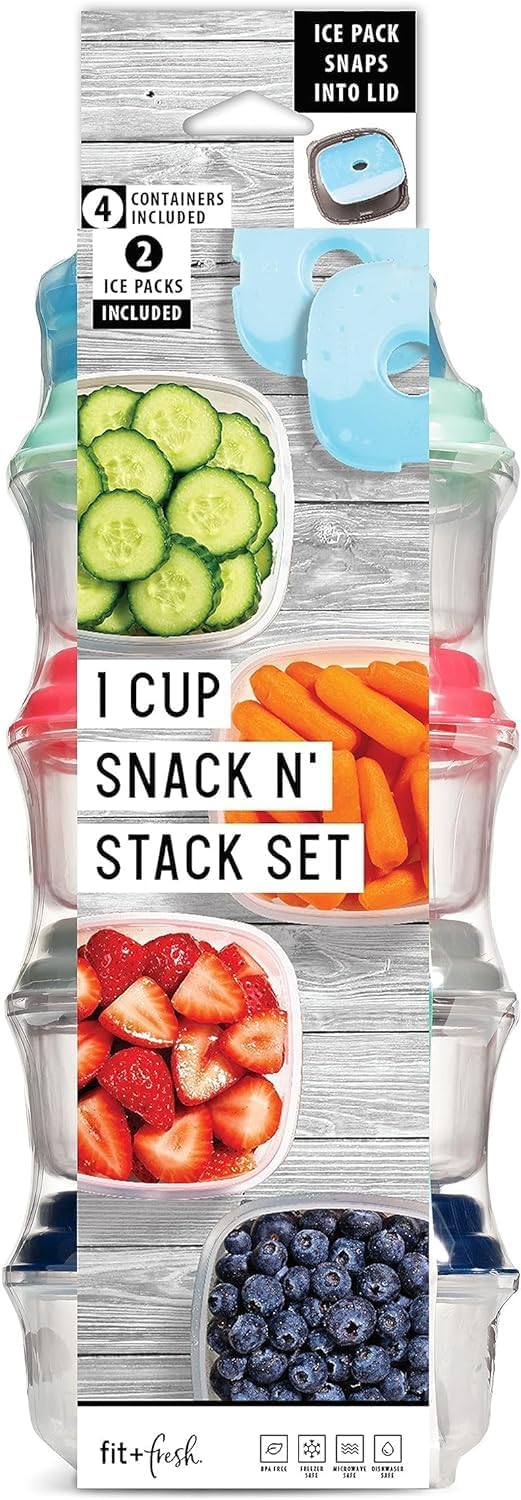 Fit & Fresh Small Plastic Containers With Lids 8 oz, Small Snack Containers With Lids, Reusable Leakproof Dressing and Condiment Containers With Two Attachable Ice Packs, 4PK, Light