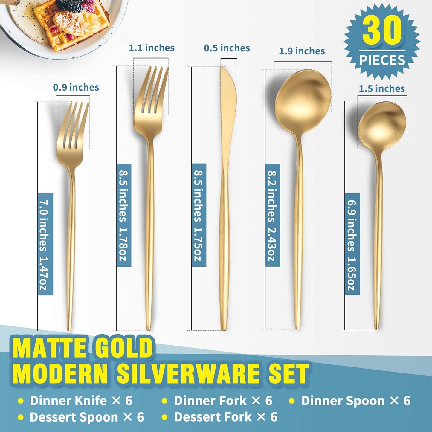 Matte Gold Silverware Set for 6,Modern Stainless Steel Brushed Cutlery Set,30-Pieces Heavy Duty Flatware Set,Knives Spoons and Forks Set Utensils Set,Satin Finish,Dishwasher Safe