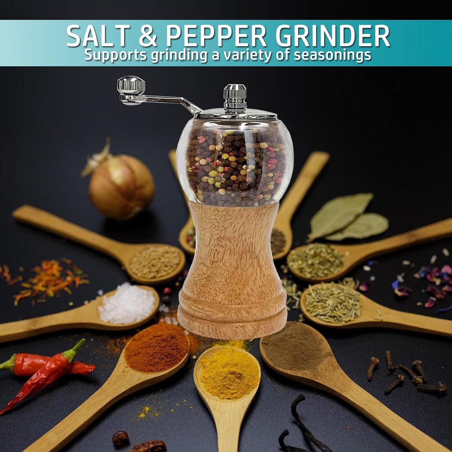 Classical Hand Shake Wood Pepper Grinder Set & Gorgeous Salt Wooden & Acrylic,Ceramic Blades Upgrade metal handle,Enjoy Your Best Fresh Ground Pepper Various spices (Burlywood 1pcs-5in)
