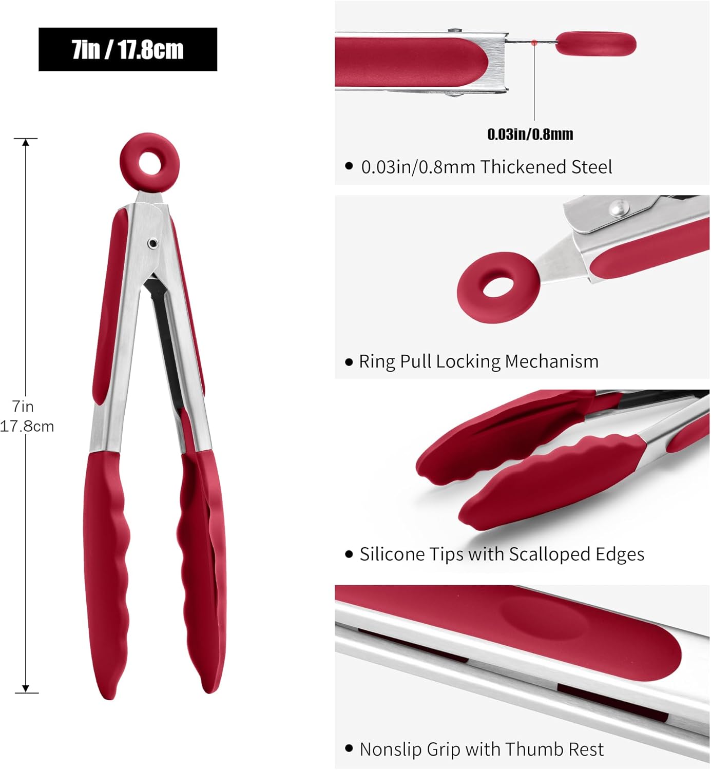 Doosu Kitchen Tongs for Cooking - 600°F Heat Resistant Food Tong with Non-Scratch Silicone Tips, Heavy Duty Stainless Steel Locking Tong for BBQ, Grilling Steak, Serving Salad, Pasta (7in, Red)