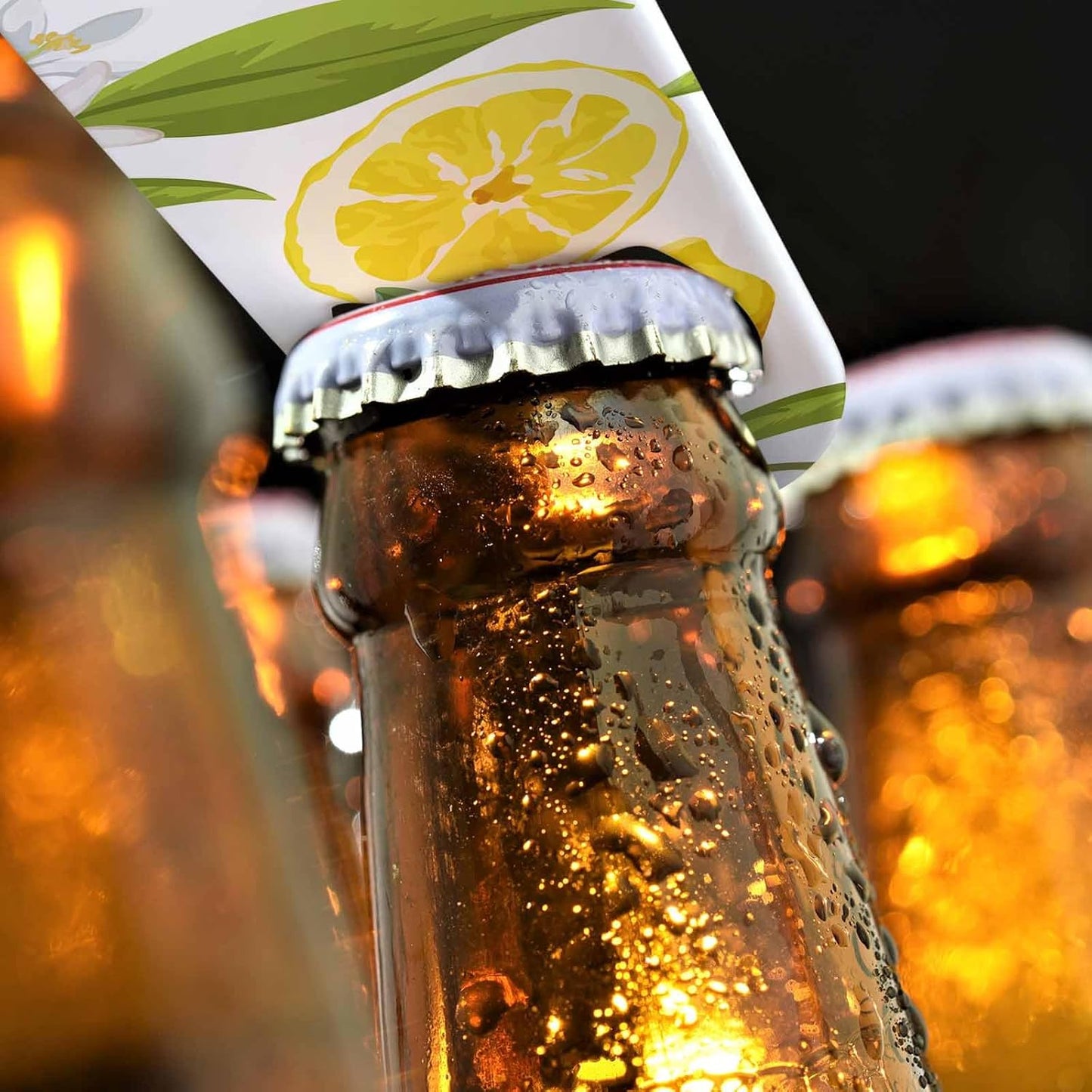 Lemon Stainless Steel Bottle Opener Yellow Fruits with Flowers and Leaves Pattern Flat Beer Bottle Opener Keychain for Home Kitchen Bar Restaurant Party Birthday Gift