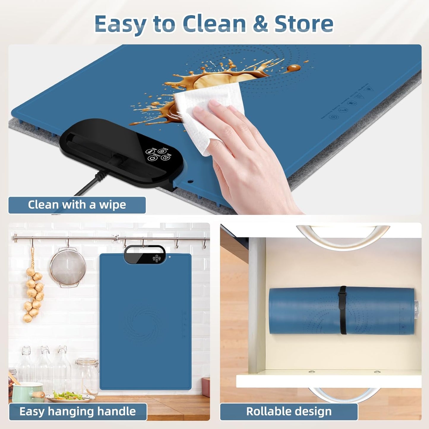 Electric Warming Tray with 7 Adjustable Temperatures, Hanging & Foldable Food Warmer Mat with Child Lock, 11 Timer Settings, Fast Heating Plate for Buffet, Paties, Family Gatherings, Holidays, Blue