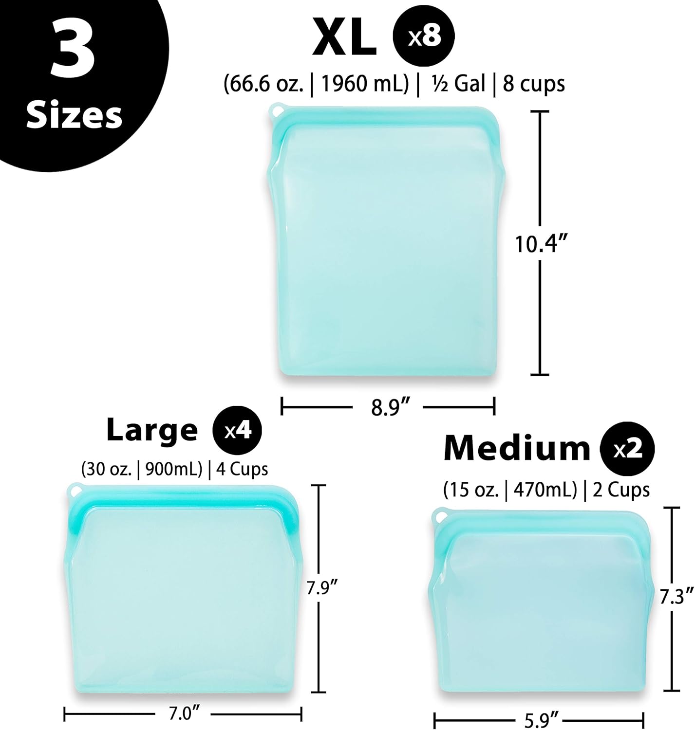2-XL 100% Silicone Reusable Storage Bags - Freezer, Eco-Friendly, Food-Grade, Leak-Proof Zipper - For Food Storage (Two-1/2 Gal / 8 Cups)