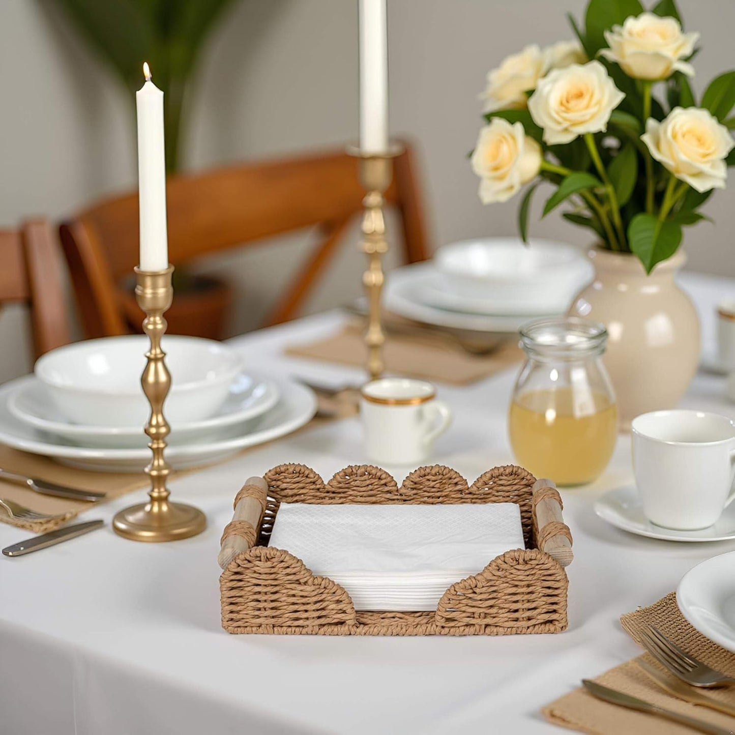 CubesLand Scalloped Napkin Holder for Bathroom Decor, Paper Rope Flat Napkin Dispenser Guest Towel Tray for Bathroom, Farmhouse Warm Napkin Holder for Table Dining Room Home Kitchen Decor, Neutral