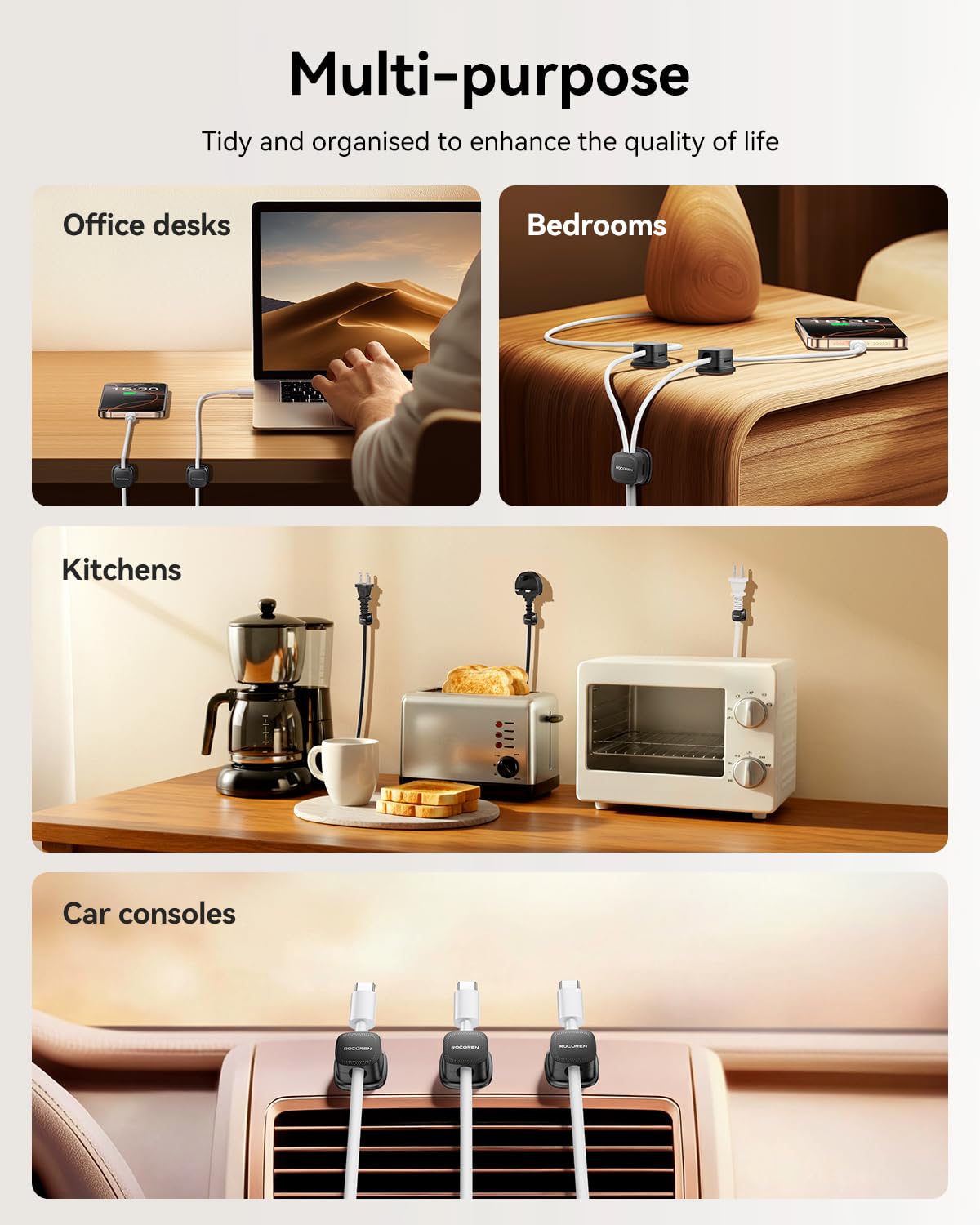 6 Pack Cable Management Cord Organizer,Magnetic Cable Clips-1s Lock,Rocoren Desk Adhesive Cord Cable Clip Wire Holder Keeper for Phone Charger Wire,Nightstand,Car,Office,Desktop Accessory,Black