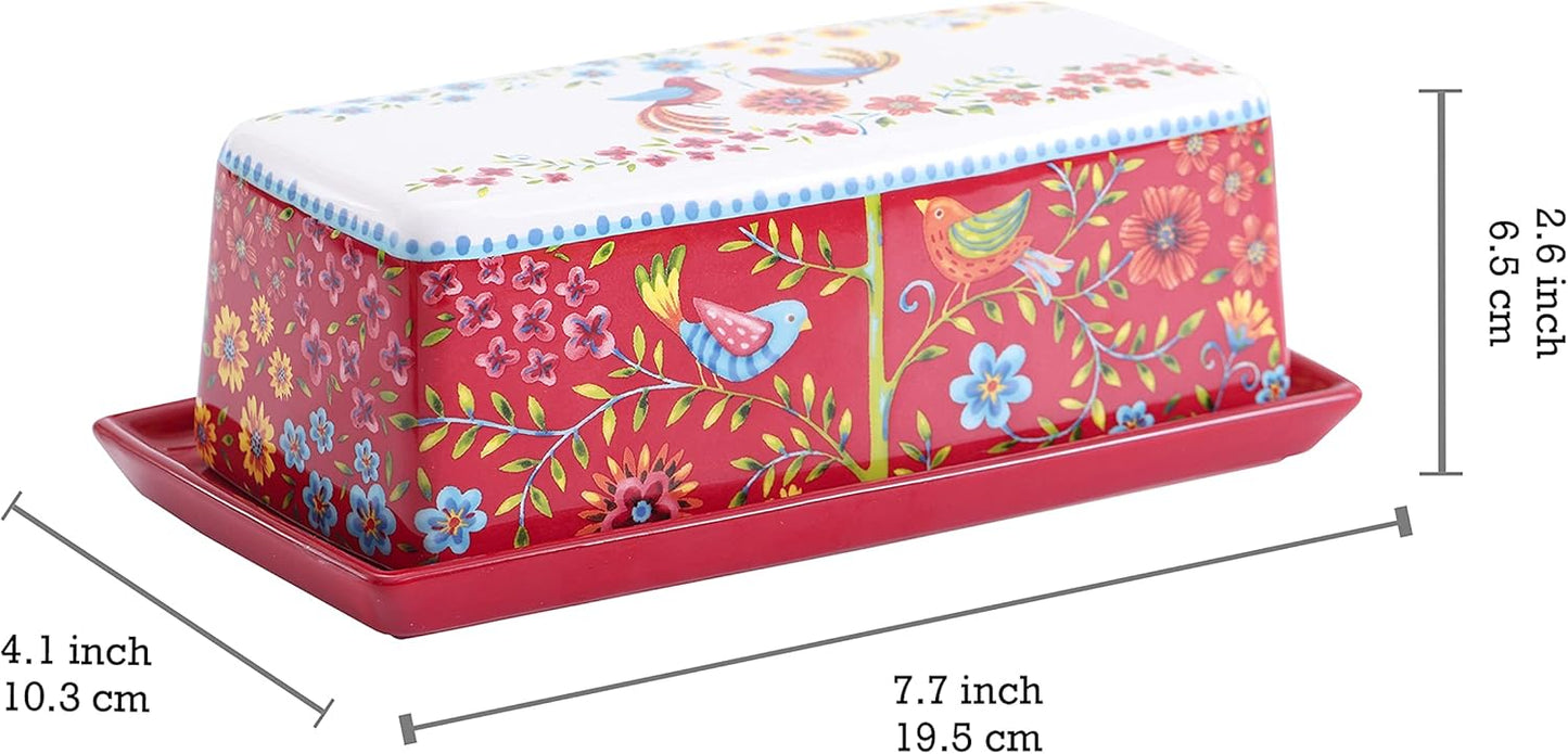 Bico Red Spring Bird Ceramic Butter Dish with Lid, Wide Butter Keeper for Counter, Kitchen Countertop, Microwave and Dishwasher Safe