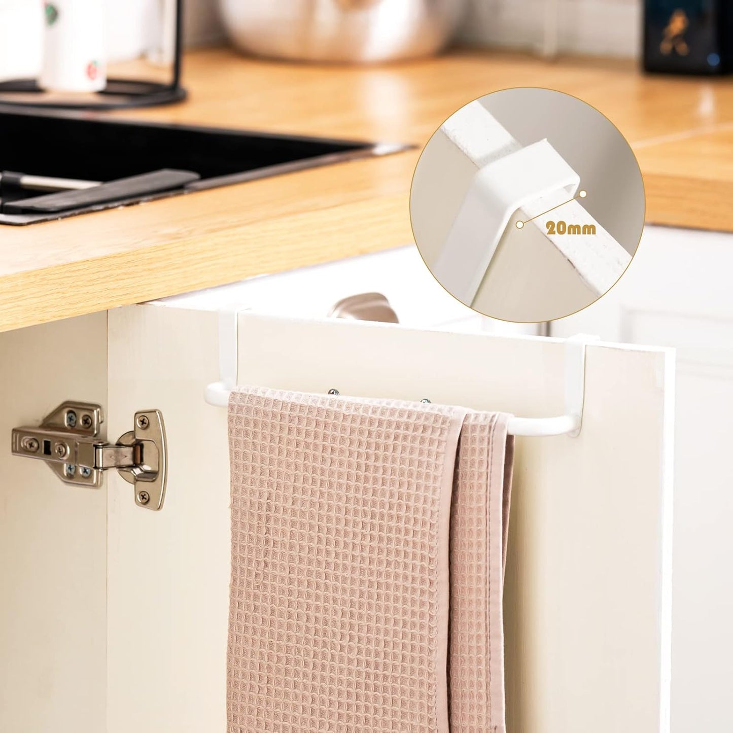 2 Pieces Metal Towel Bar Kitchen Cabinet Steel Towel Rack Bar for Hanging on Inside or Outside of Doors, Home Kitchen Bathroom(White)