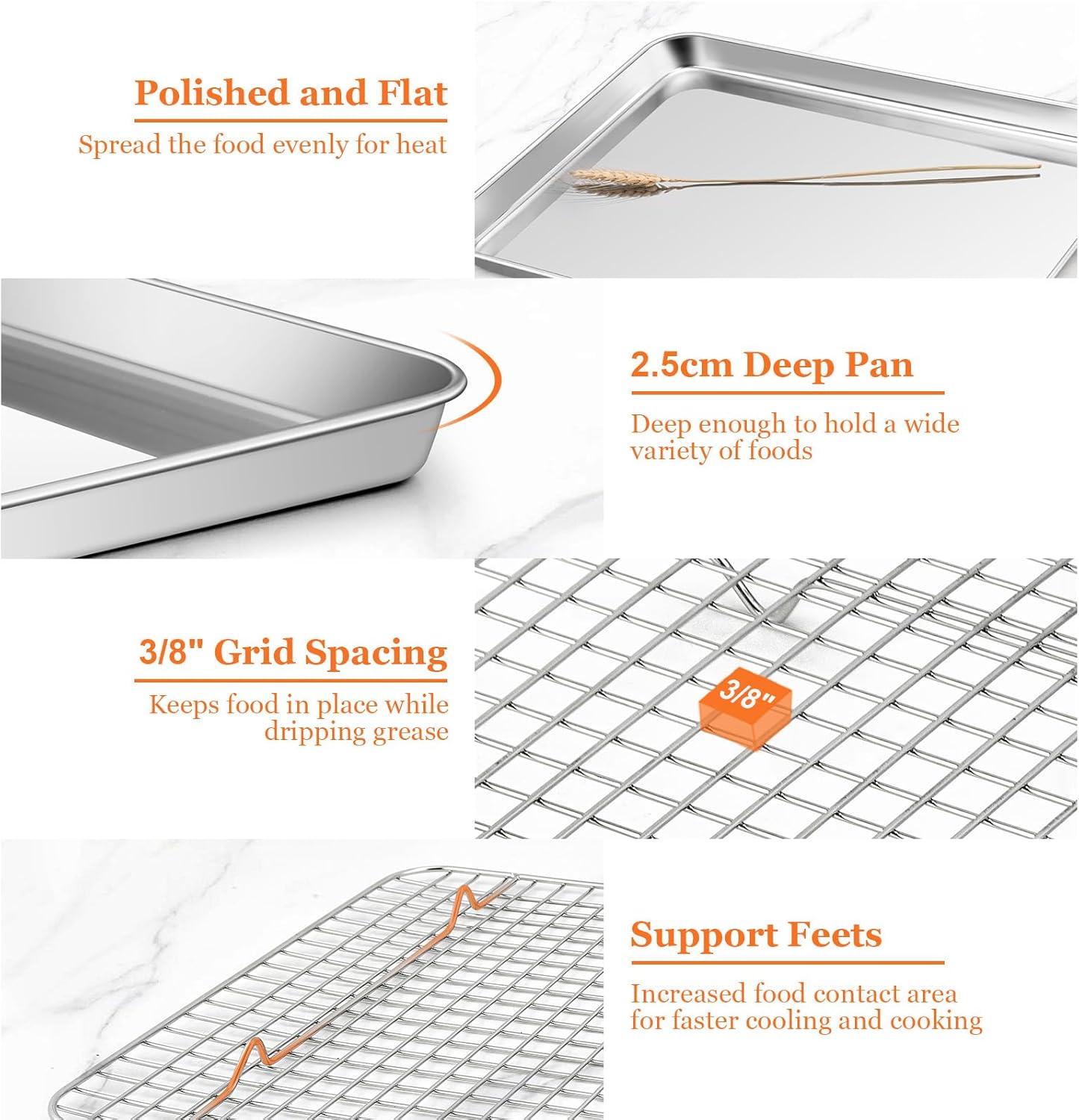 Quarter Sheet Pan with Cooling Rack, Leonyo 1/4 Cookie Sheets for Baking, Wire Rack for Cooking, Nonstick & Stainless Steel Baking Tray for Toaster Oven, Bacon - Size 12.5"x 9.7", 2 Trays + 2 Racks