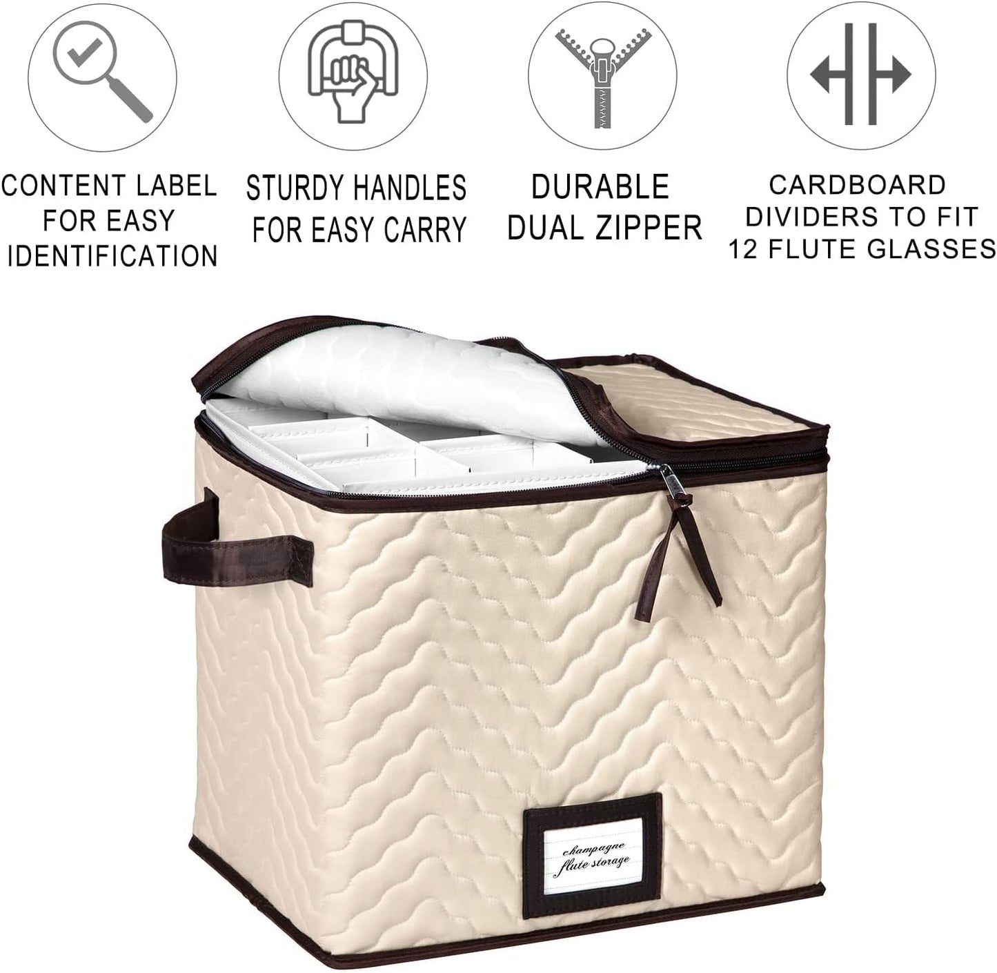Champagne Flute Glass Storage Box with Dividers - Holds 12 Champagne Flute Glass up to 3" Wide - Stemware Storage Case - Protects Fine China - Durable Quilted Microfiber Bin with Carry Handles