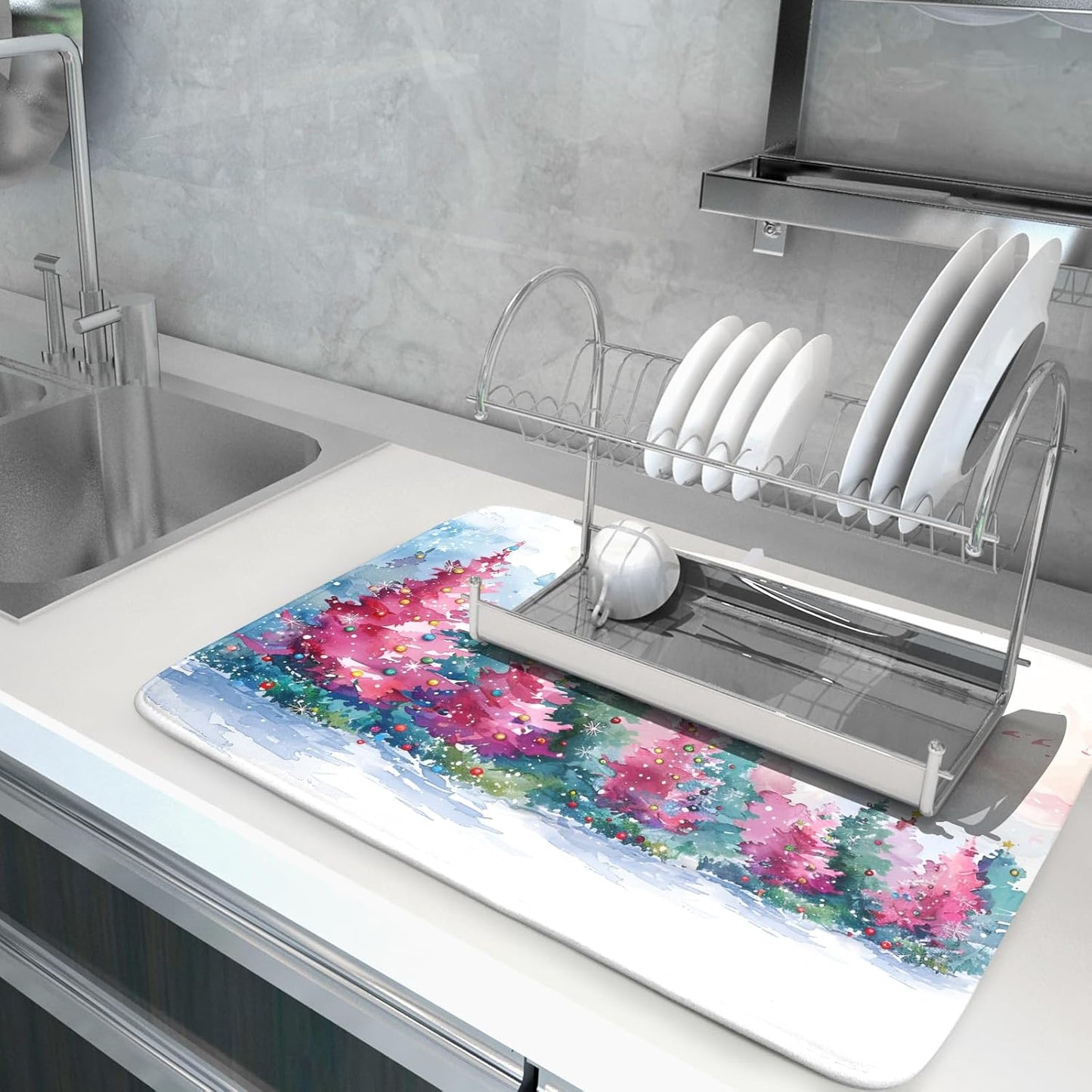 Decorative Christmas Dish Drying Mats Pink Green Xmas Tree Painting Rack Drainer Mats for Coffee Bar 18 X 24 Inch