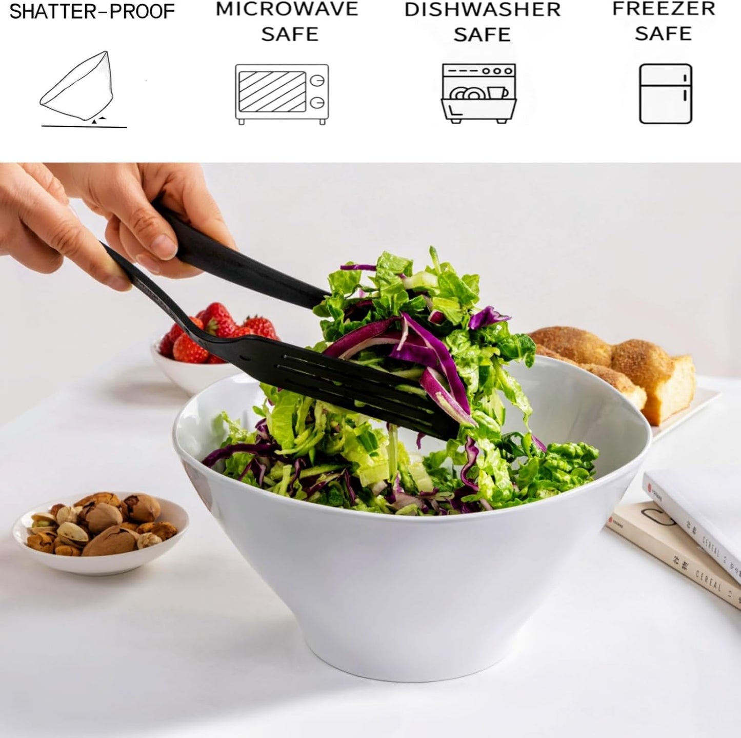 Qxbekmor 10" Salad Bowls, 114 oz. Unbreakable Plastic Serving Bowls for Salads, Fruits, Entertaining, Dinner Parties, Microwave & Dishwasher Safe, BPA-free, Set of 2