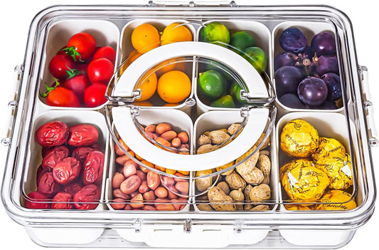 Divided Serving Tray with Lid and Handle - Snackle Box Charcuterie Container for Portable Snack Platters - Clear Organizer for Candy, Fruits, Nuts, Snacks - Perfect for Party, Entertaining