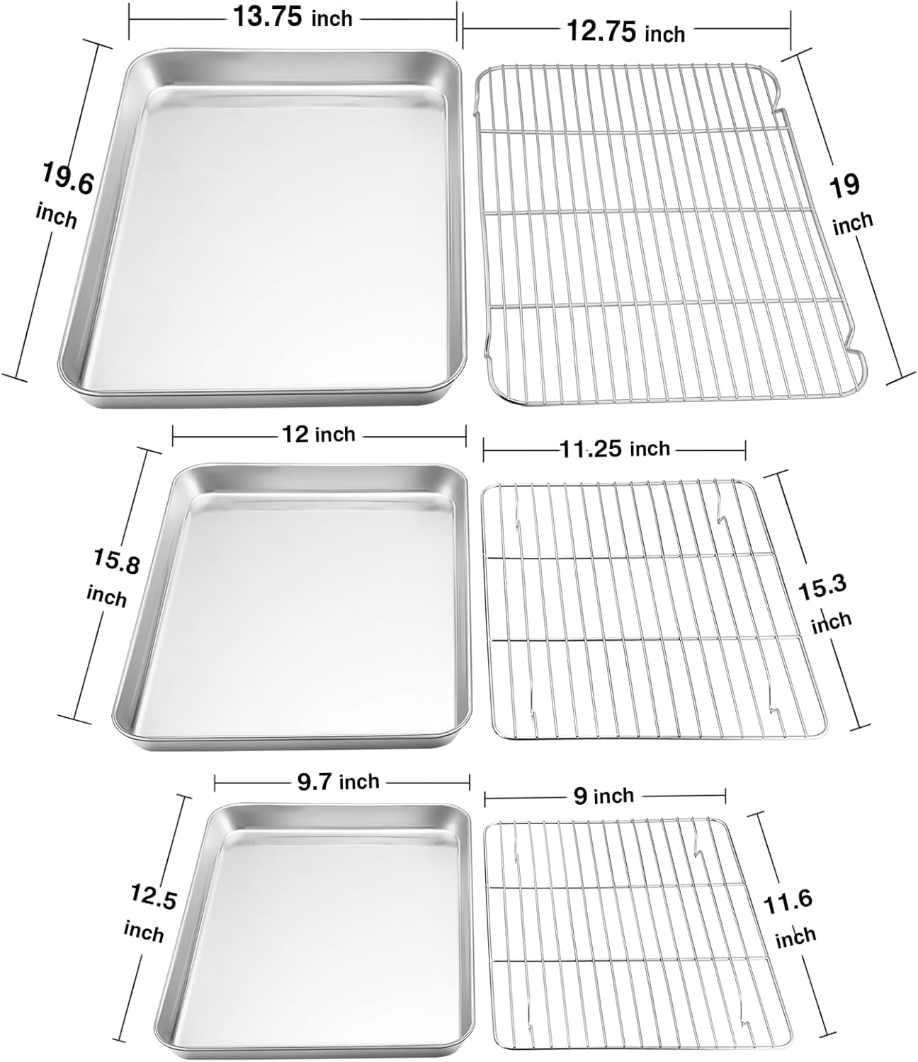 TeamFar Baking Sheet with Rack Set, 20’’ & 16’’ & 12½’’, Stainless Steel Cookie Sheet Baking Pans with Cooling Roasting Racks, Non Toxic & Rust Free, Mirror Finish & Dishwasher Safe - 6 Pieces