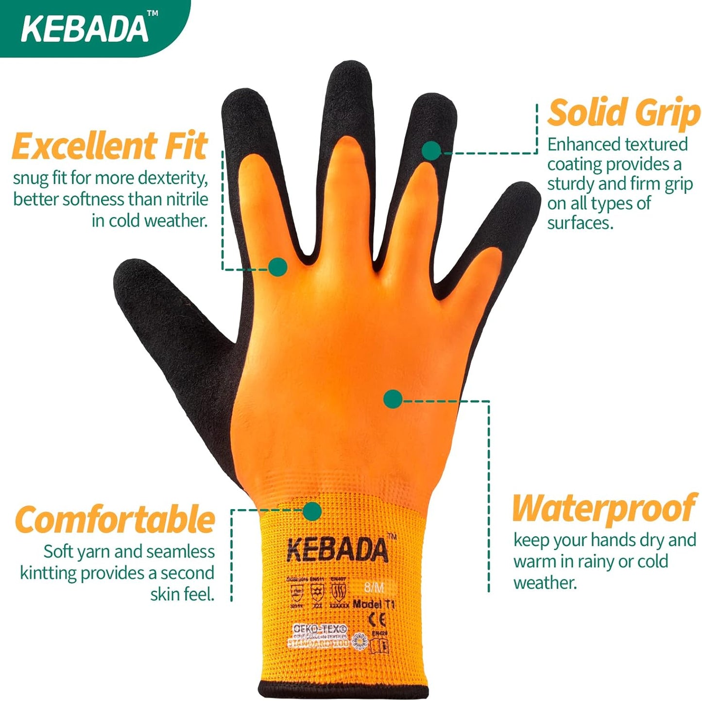 Kebada T1 Waterproof Winter Work Gloves for Men and Women,Insulated Work Gloves for Men Cold Weather,Warm Freezer Gloves Medium