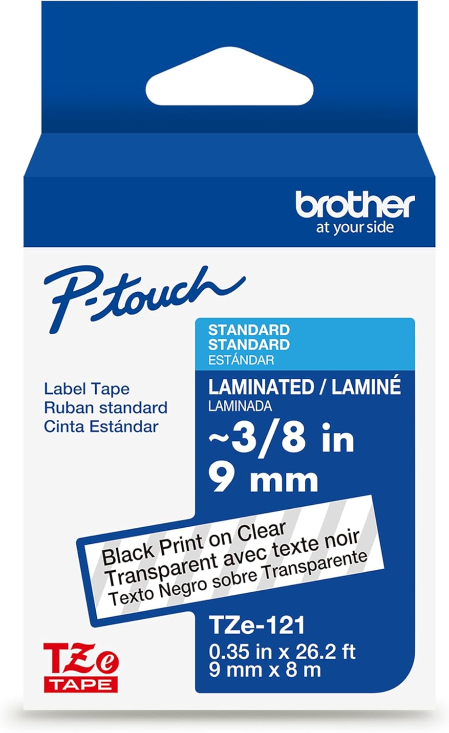 Brother Genuine P-Touch TZe Black Print on Clear Label Tape (TZe121), Laminated,3/8in x 26.2ft (9mm x 8m), for Select P-Touch Label Makers, Durable, Water-Resistant, Indoor/Outdoor Use