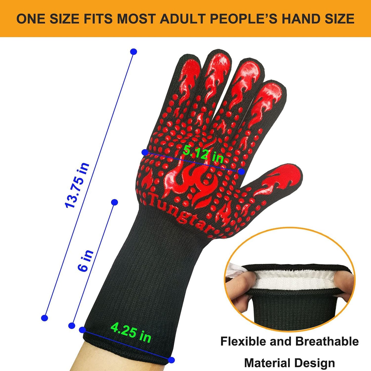 Turkey Fryer BBQ Heat Resistant Gloves, Cooking Gloves, Oven Gloves 1472℉,14Inch, Heat Resistant, Grill Gloves, Silicone Non-Slip Cooking Gloves for Cooking, Grilling, Baking, Welding, (Large, Red)