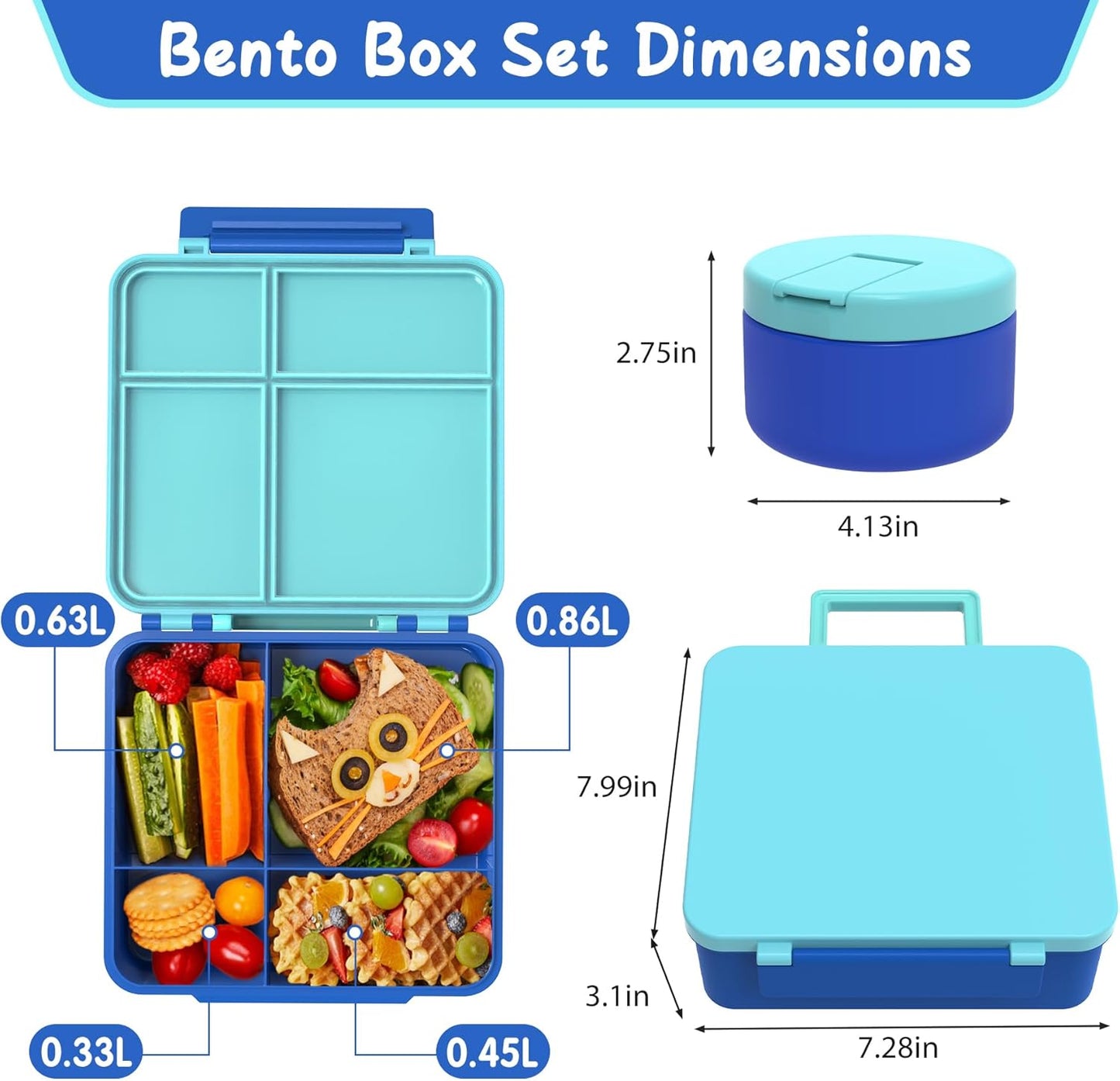 Bento Lunch Box with 8oz Soup Thermo, Leak-Proof Lunch Containers with 4 Compartment, Thermo Hot Food Jar and Insulated Lunch Box for School Blue