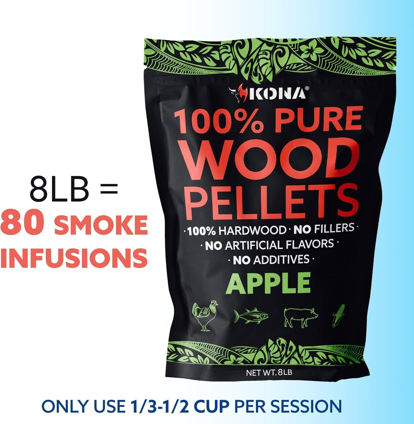 Kona 100% Apple Wood Pellets - Concentrated, Pure, Old Growth Hardwood Grilling Pellets - for BBQ, Smoker Tubes, Grills - 8 lbs 100% Apple