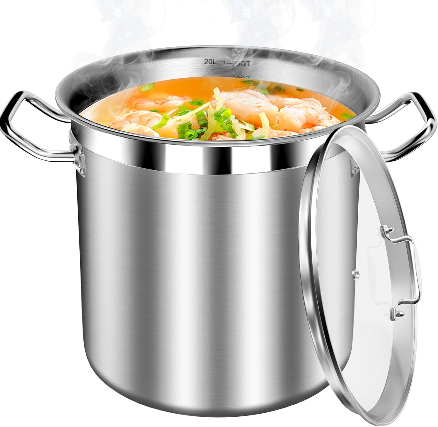 Stainless Steel 20 Quart Stockpot with Tempered Glass Lid, 3-Ply Base, 8.8 lbs, Polished Finish, Suitable for Stovetop and Oven