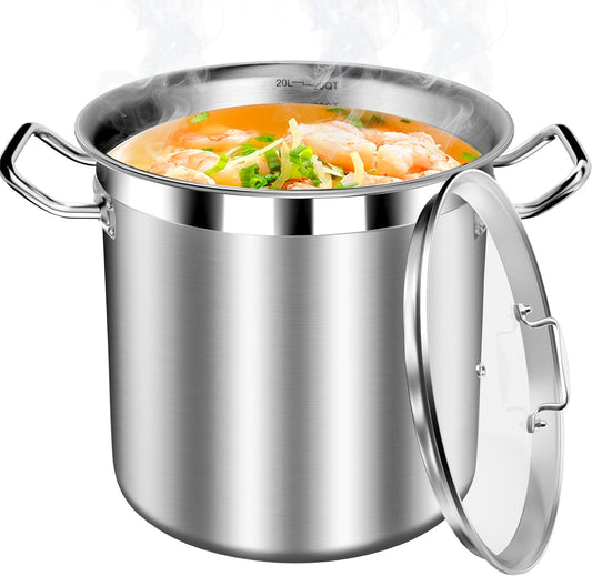 Stainless Steel 20 Quart Stockpot with Tempered Glass Lid, 3-Ply Base, 8.8 lbs, Polished Finish, Suitable for Stovetop and Oven