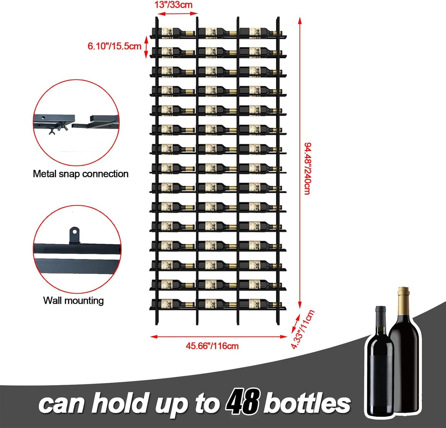 Wine Rack Freestanding Floor, 16 Tier 48 Bottle Capacity Display Holder, Industrial Wine Bottle Storage Shelves, for Any Bar, Wine Cellar, Kitchen, Dining Room (Gold, 3 Column)