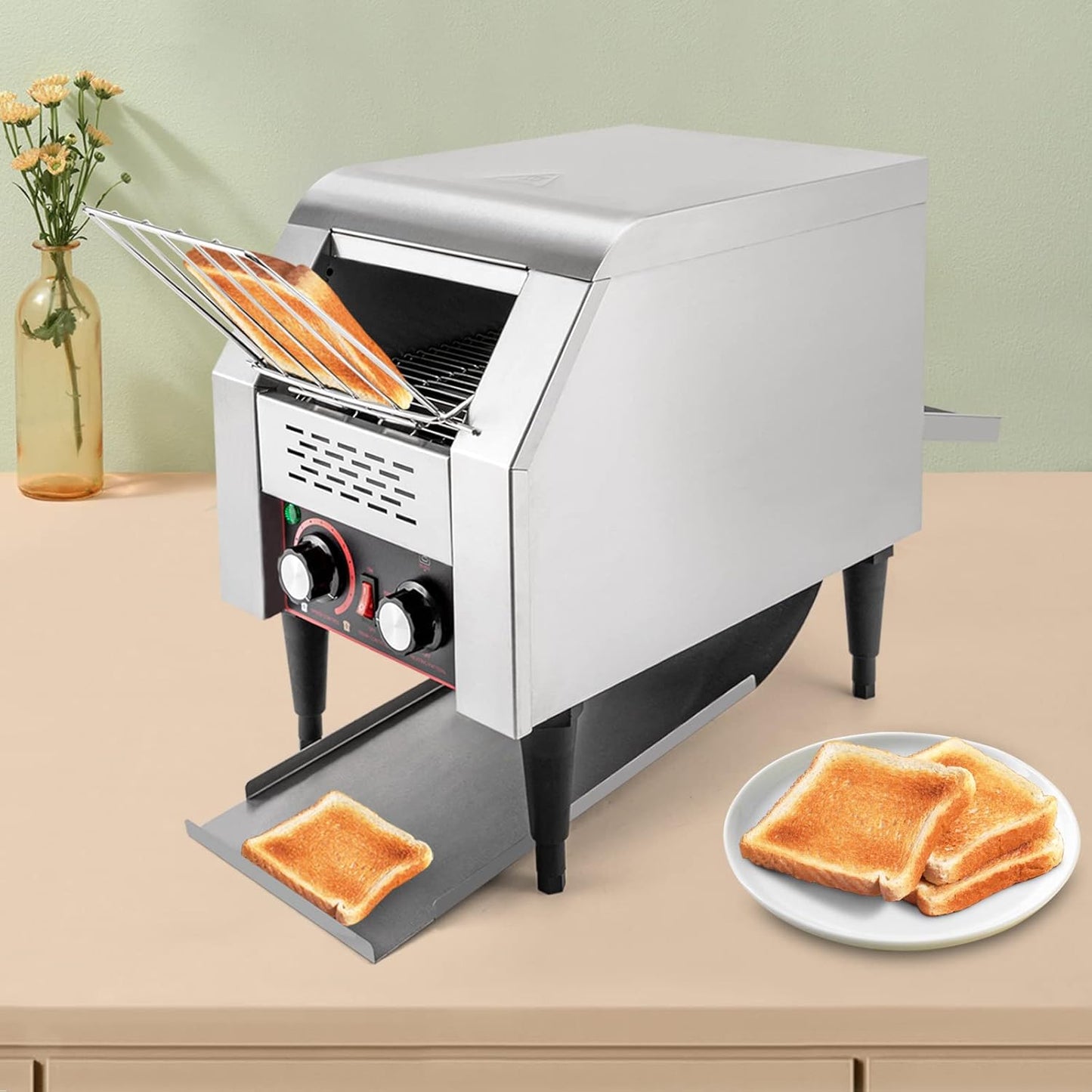 Commercial Conveyor Toaster 150 Slices/Hour Stainless Steel Conveyor Toaster 1300W Electric Toasters Oven Heavy Duty Countertop Restaurant Toaster for Cafes Bun Bagel Bread