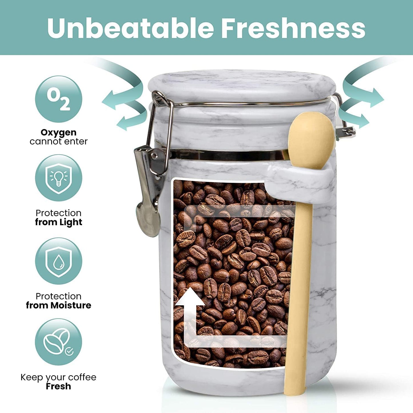 Home Intuition 4-Piece Ceramic Kitchen Canisters Set, Airtight Containers with Wooden Spoons Reusable Chalk Labels and Marker for Sugar, Coffee, Flour, Tea (White Marble)