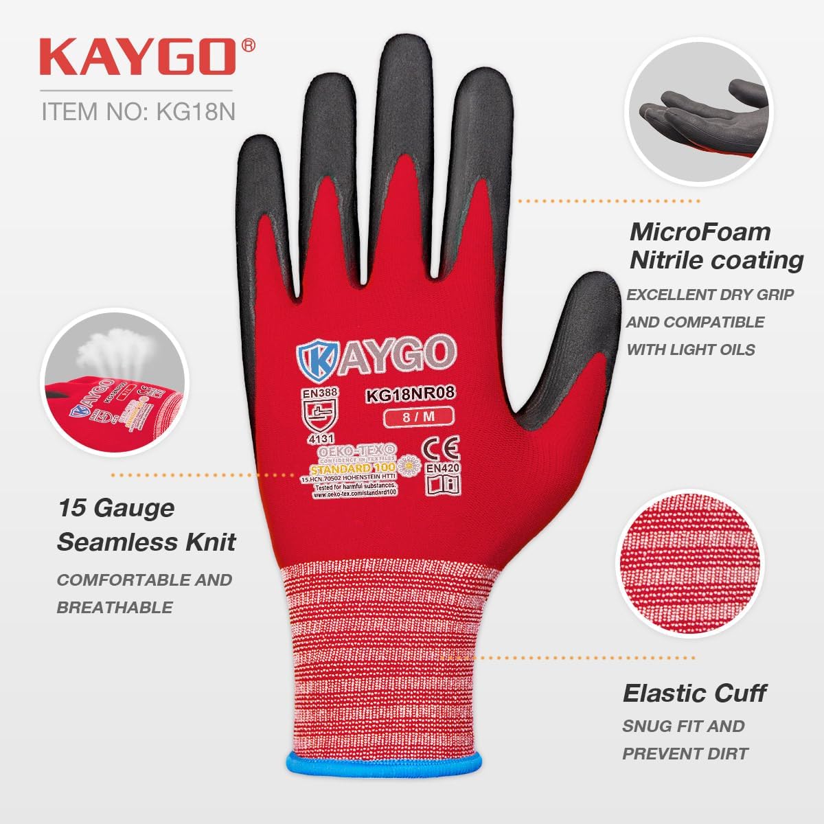 KAYGO Safety Work Gloves MicroFoam Nitrile Coated-3 Pairs, KG18NB,Seamless Knit Nylon Glove with Black Micro-Foam Nitrile Grip,Ideal for General Purpose,Automotive,Home Improvement,Red large