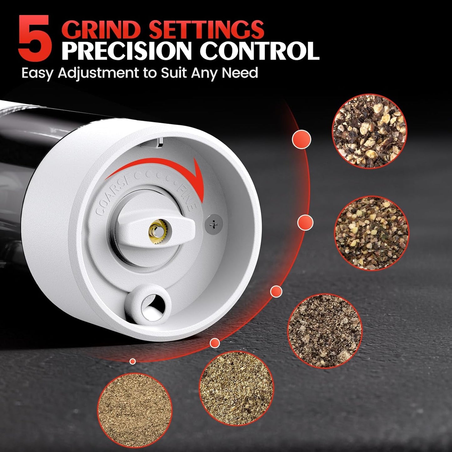 Electric Salt and Pepper Grinder Set Automatic Battery Pepper Mill Shakers Adjustable Coarseness Easy Filling Upgraded Larger Capacity with Led (2 Pack White/White）