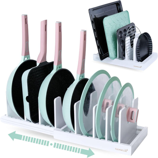 Pots and Pans Organizer under Cabinet, Bamboo Expandable Bakeware and Cutting Board Organizers, Adjustable Pot Lids Holder Rack, Cookie Sheet Baking Pan, Tray Organizer for Kitchen Storage (White)