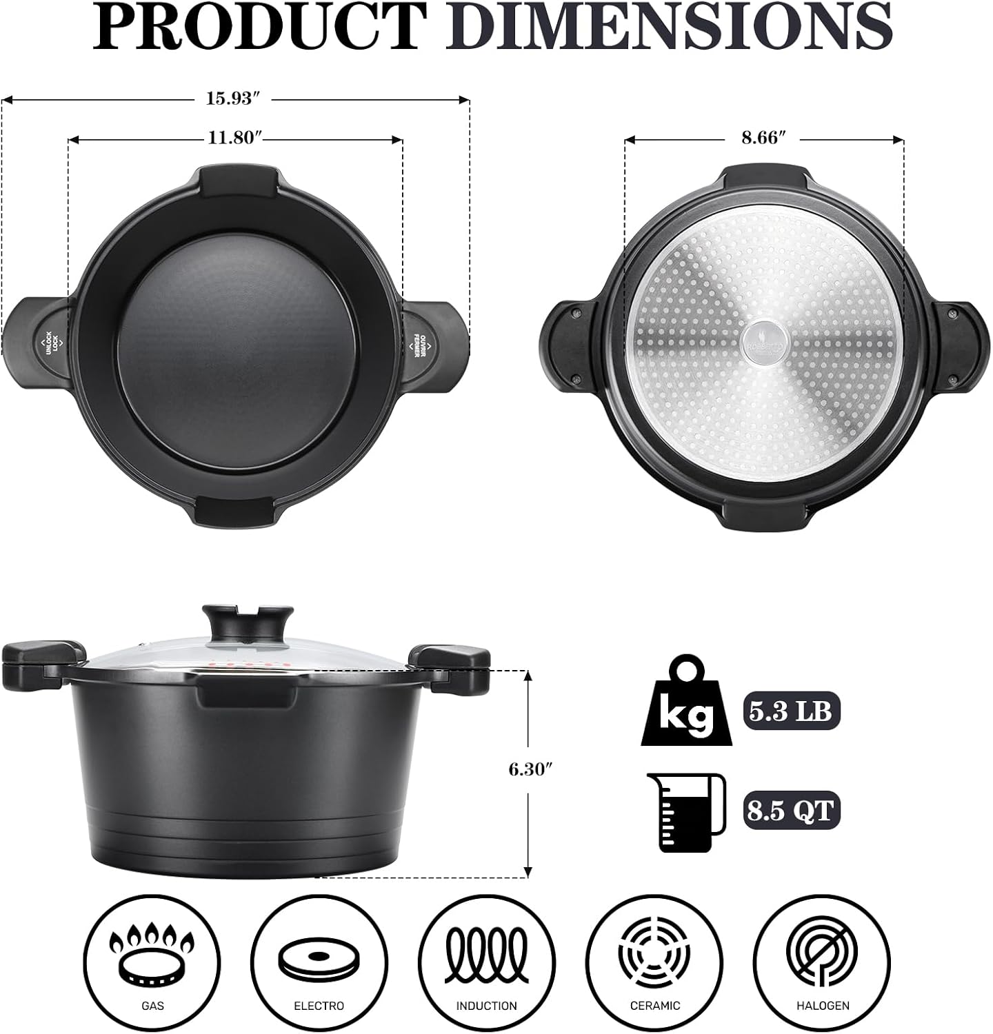 8.5qt Pasta Pot with Strainer Lid, Cast Aluminum Stockpot Multipot, Nonstick Ceramic Coating make Cleanup easy with Tempered Glass Lid, Dishwasher Safe, Induction, Black (Black, 8.5 Quarts)