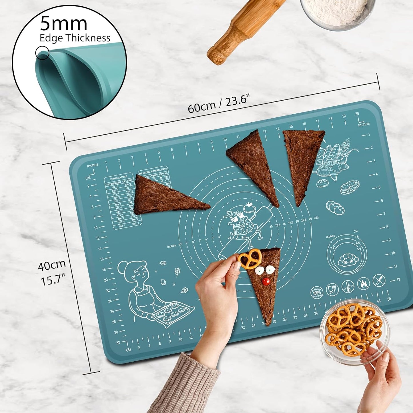 Silicone Pastry Mat 24" x 16" Extra Thick Non Stick Baking Mat with Measurements and Edge Heightening, Food Grade Silicone Rolling Mat for Pastry, Bread, Cookies, Pizza, Fondant, Pasta