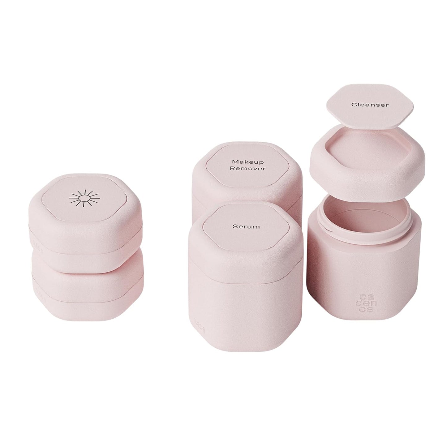 Cadence Travel Containers - Core Skincare Set - Magnetic Containers with Lids,2 Small (0.56oz) & 3 Medium (1.32oz) - Cleanser, Moisturizer, Serum, Makeup Remover & Sun Icon Labels - Petal