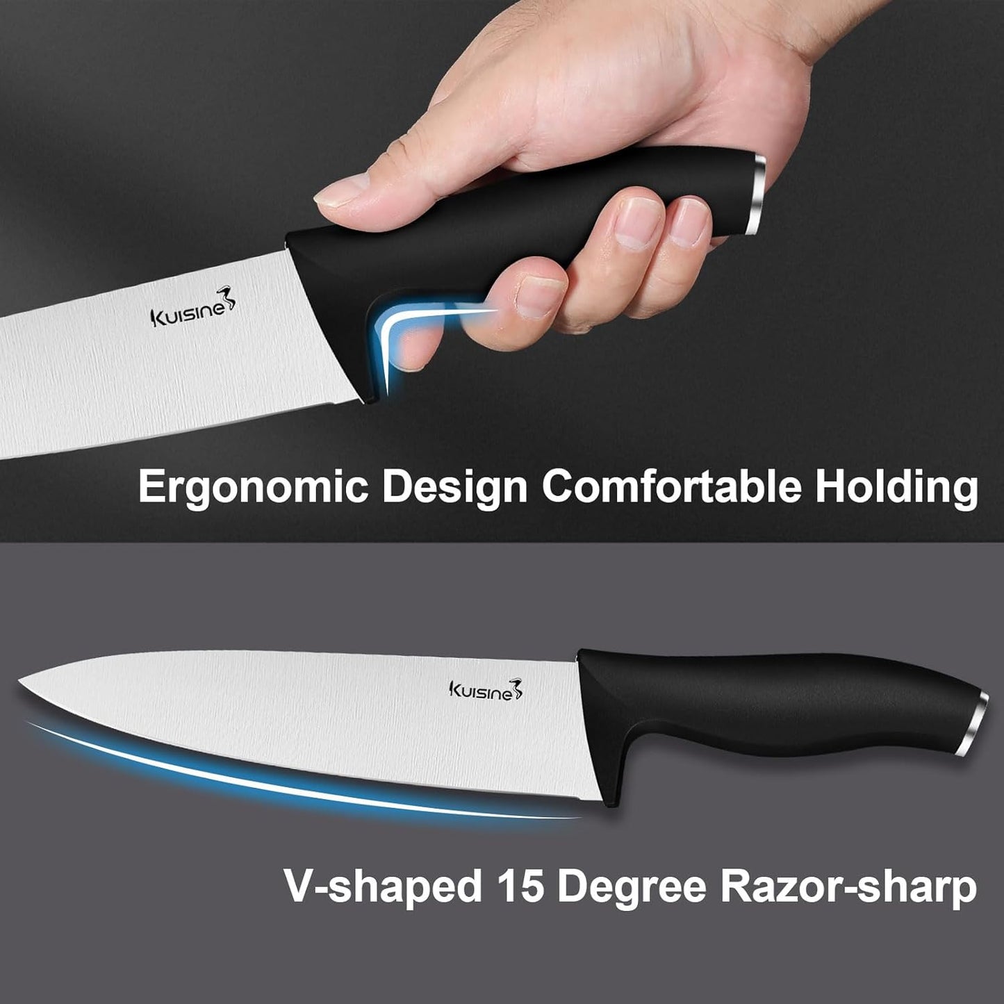 Kuisine Kitchen Knife Set,High Carbon Stainless Steel Ultra Sharp Blade Ergonomic Handle,Knife Set with Block Built-in Sharpener(15PCS,Black)