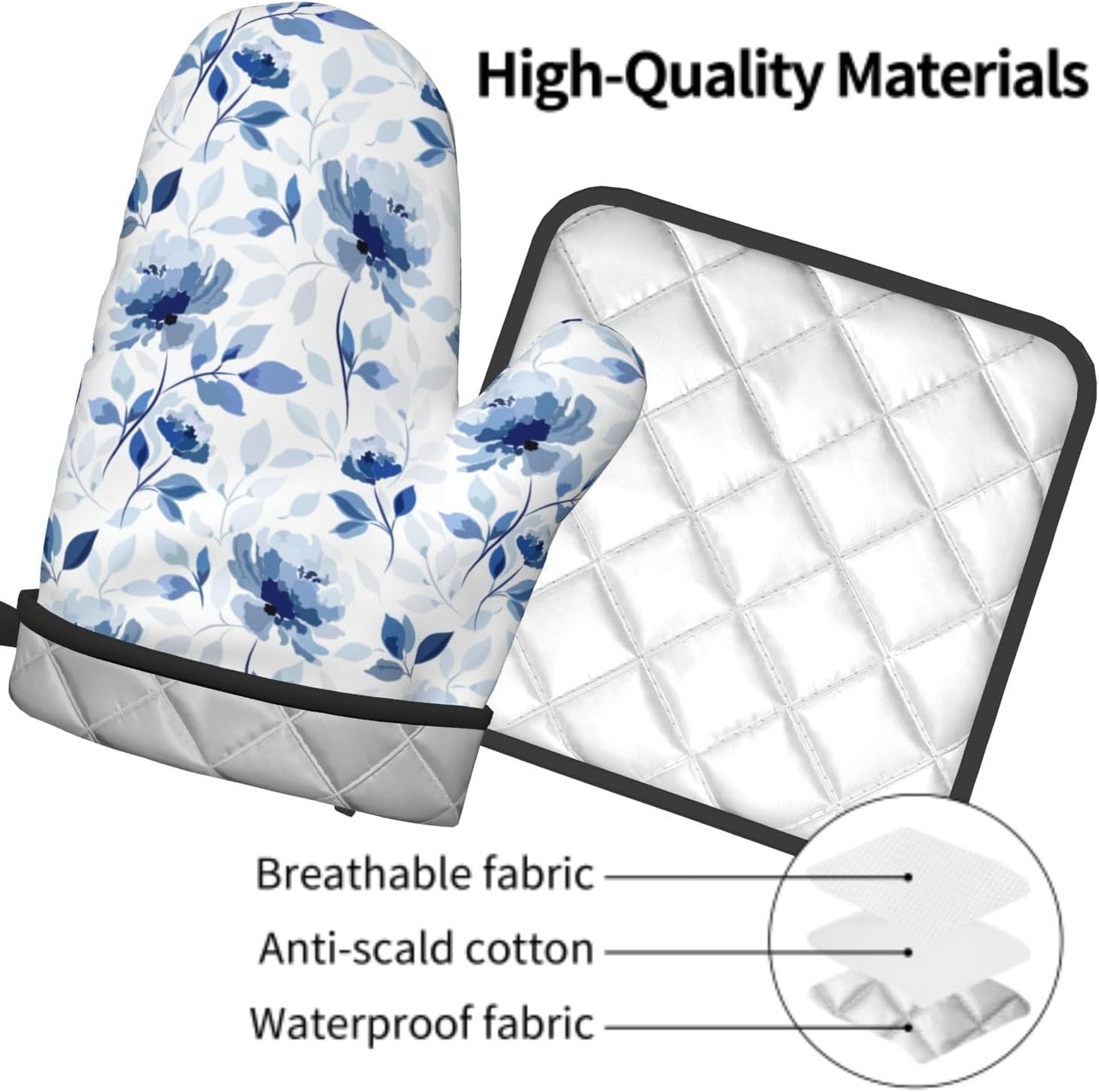 Blue Floral Oven Mitts Pot Holders Set of 2 Watercolor Leaves Heat Resistant Kitchen Mittens Potholders for Chef Baking Cooking Grilling