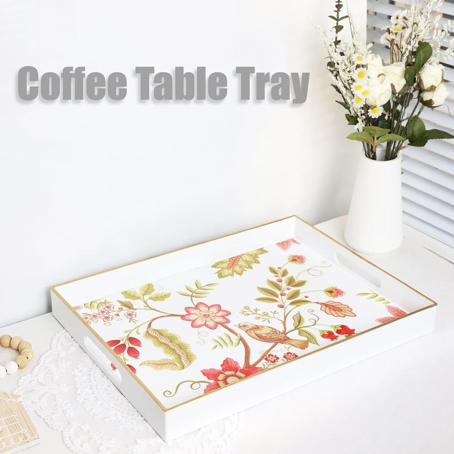 Spsyrine Decorative Serving Tray with Handles, White Lacquered Coffee Table Tray for Ottoman, Rectangle Waterproof Platters for Centerpieces, Parties, Living Room, Kitchen Counter Organization