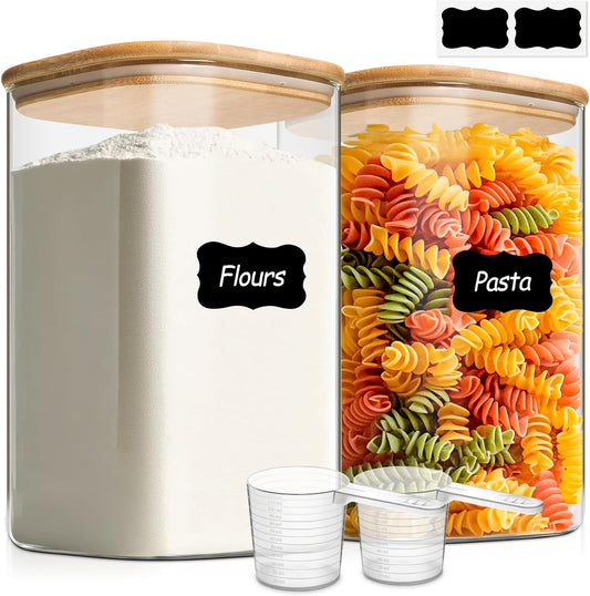 ComSaf 1.2 Gallon Wide Mouth Flour Sugar Storage Containers 2 Pcs, 148 oz Glass Storage Containers with Lids, Large Pantry Glass Jar with Lid, Big Jars for Rice, Flour, Sugar, Cereal, Cookie, Coffee